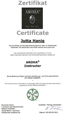 aroha certificate jutta